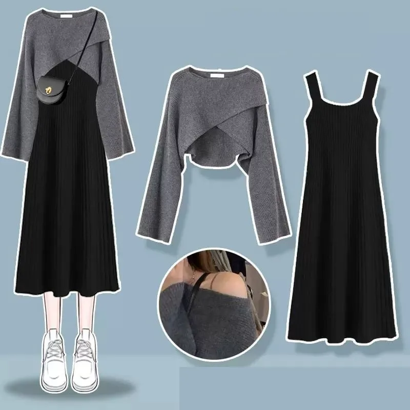 Feminino outono inverno novo vintage o-pescoço camisola de malha + saia estilingue sexy terno de 2 peças coreano chique curto pulôver vestido