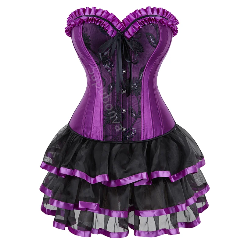 Sapubonva vestido corsé Sexy Burlesque gótico exótico Lencería corsés Overbust Bustier tutú falda fiesta victoriana púrpura Korse