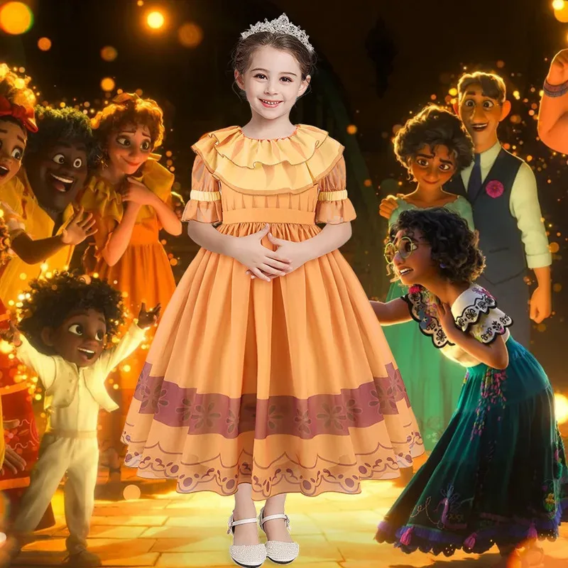 Movie Encanto Madrigal Cosplay Costume Pepa Orange Adult Ruffle Princess Dresses Mirabel Charm Fancy Dress Carnival Gift