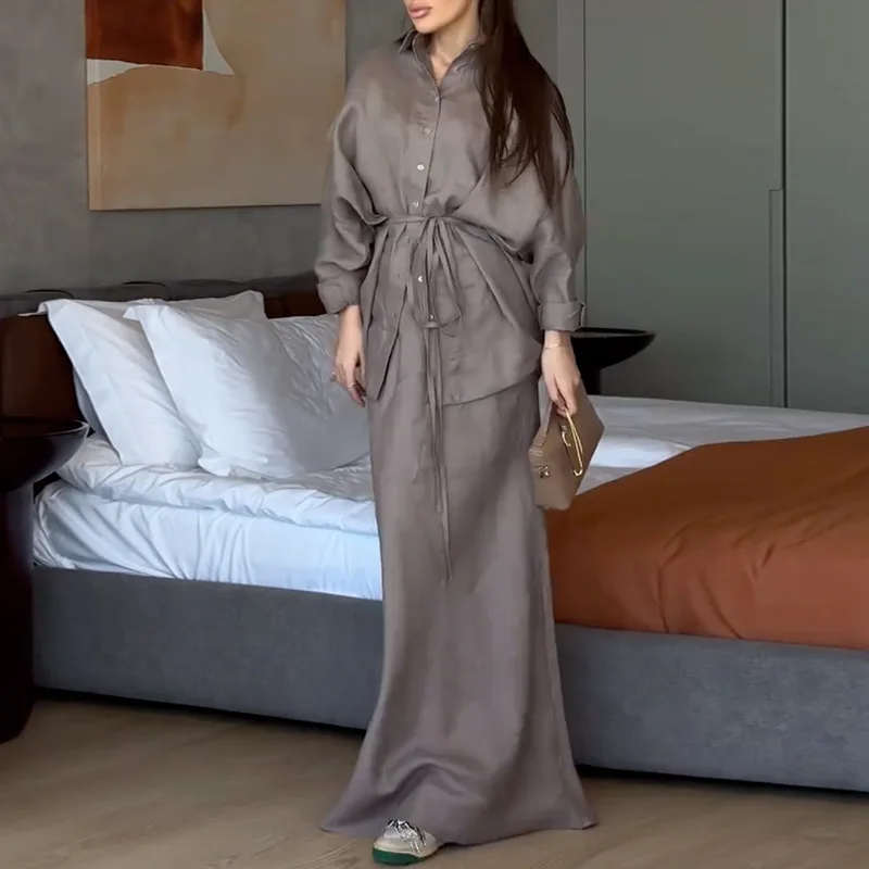 Hosenanzug für Damen, Hemd, lange Röcke, 2-teilige Sets, einreihige Hemden, Oberteil, A-Linie, Schnür-Outfits, Frühlings-Büro-Damen-Ensemble