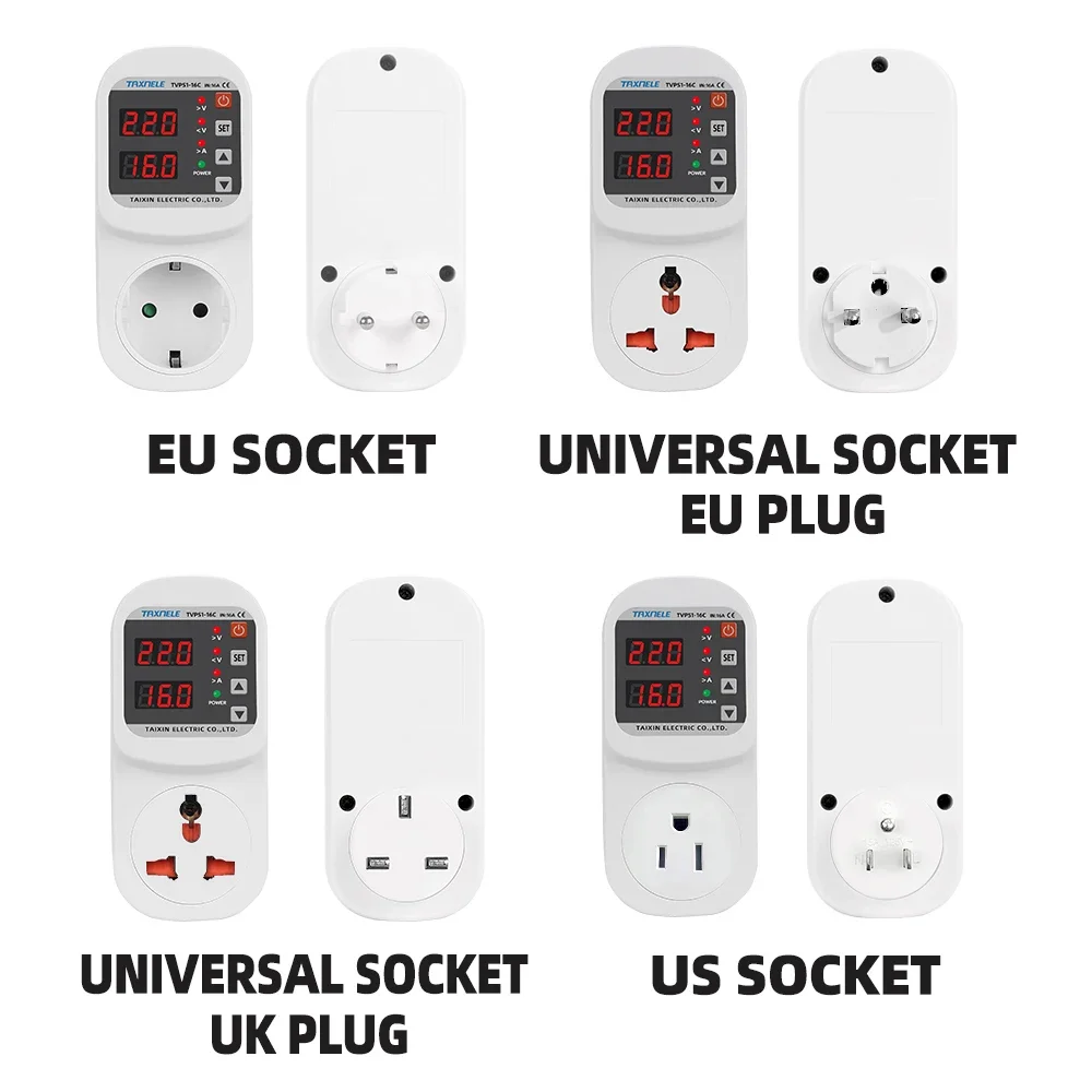 Over Voltage Current Under Voltage Protector Socket AC 220V 110V Adjustable 16A Surge Protector EU Plug Socket Safe Protect