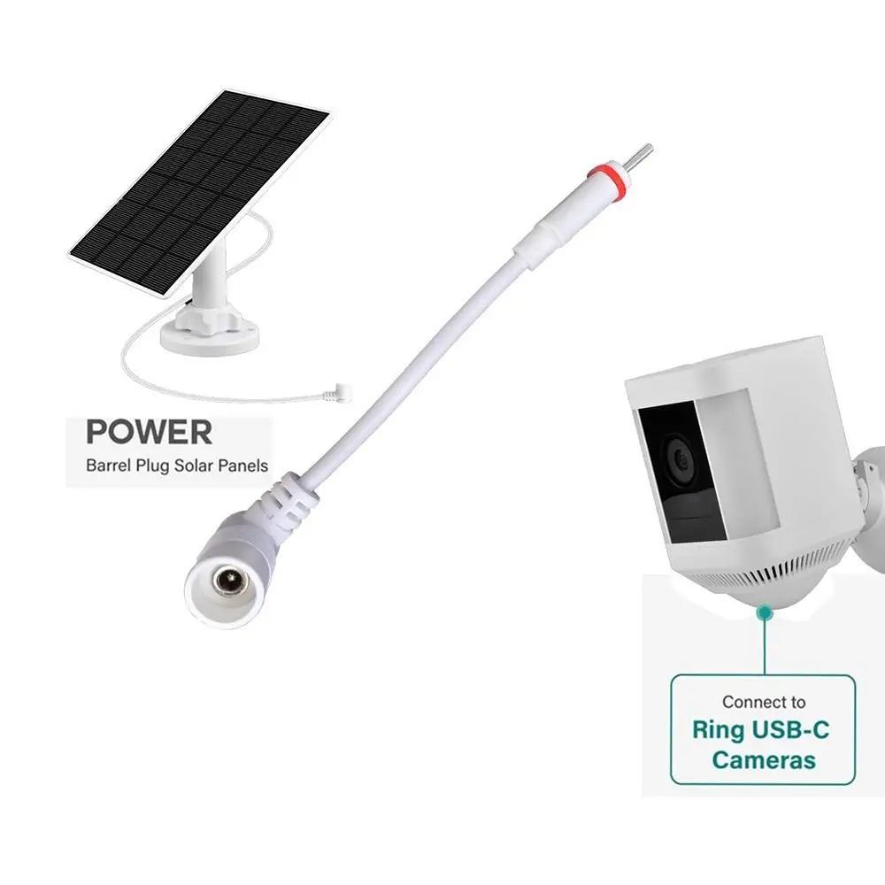 DC to Type-C Solar Panel Adapter Barrel Plug to USB-C Weatherproof Cameras Adapter Durable USB-C Adapter for Ring Solar Panel