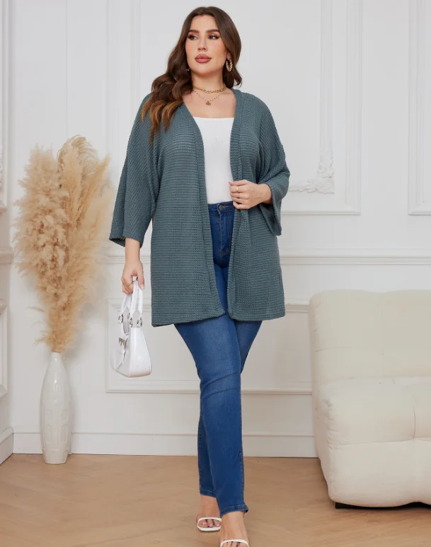 Ponadgabarytowy kardigan na co dzień, damski kardigan z dzianiny waflowej plus size z rękawami trzy czwarte