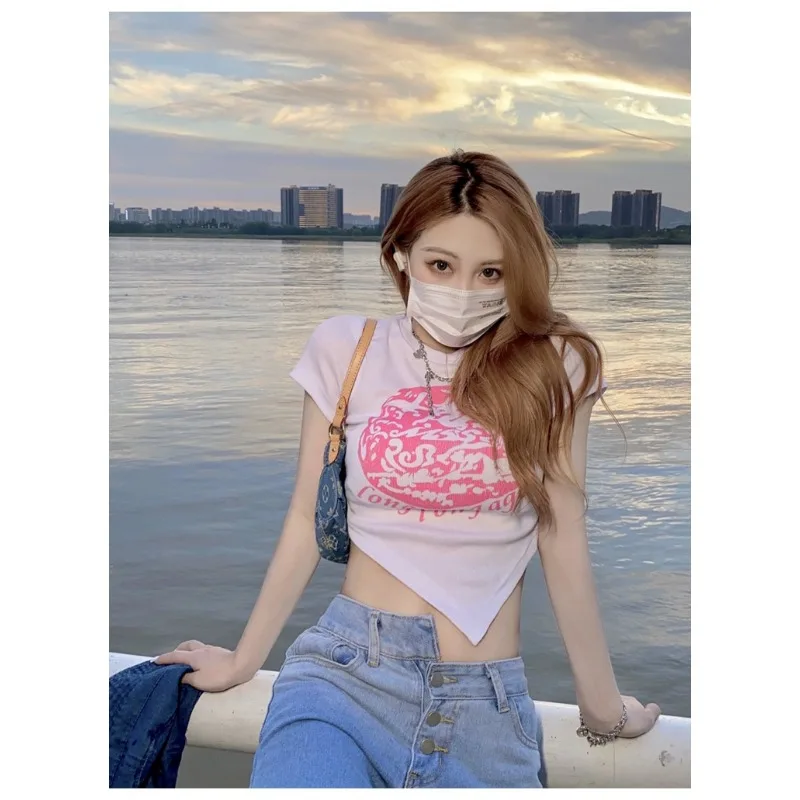 Y2K 스트릿웨어 빈티지 아메리칸 크롭탑 섹시 슬림핏 퍼니 프린트 반팔 티셔츠 신상 여름 섹시 패션 여성 상의 2025