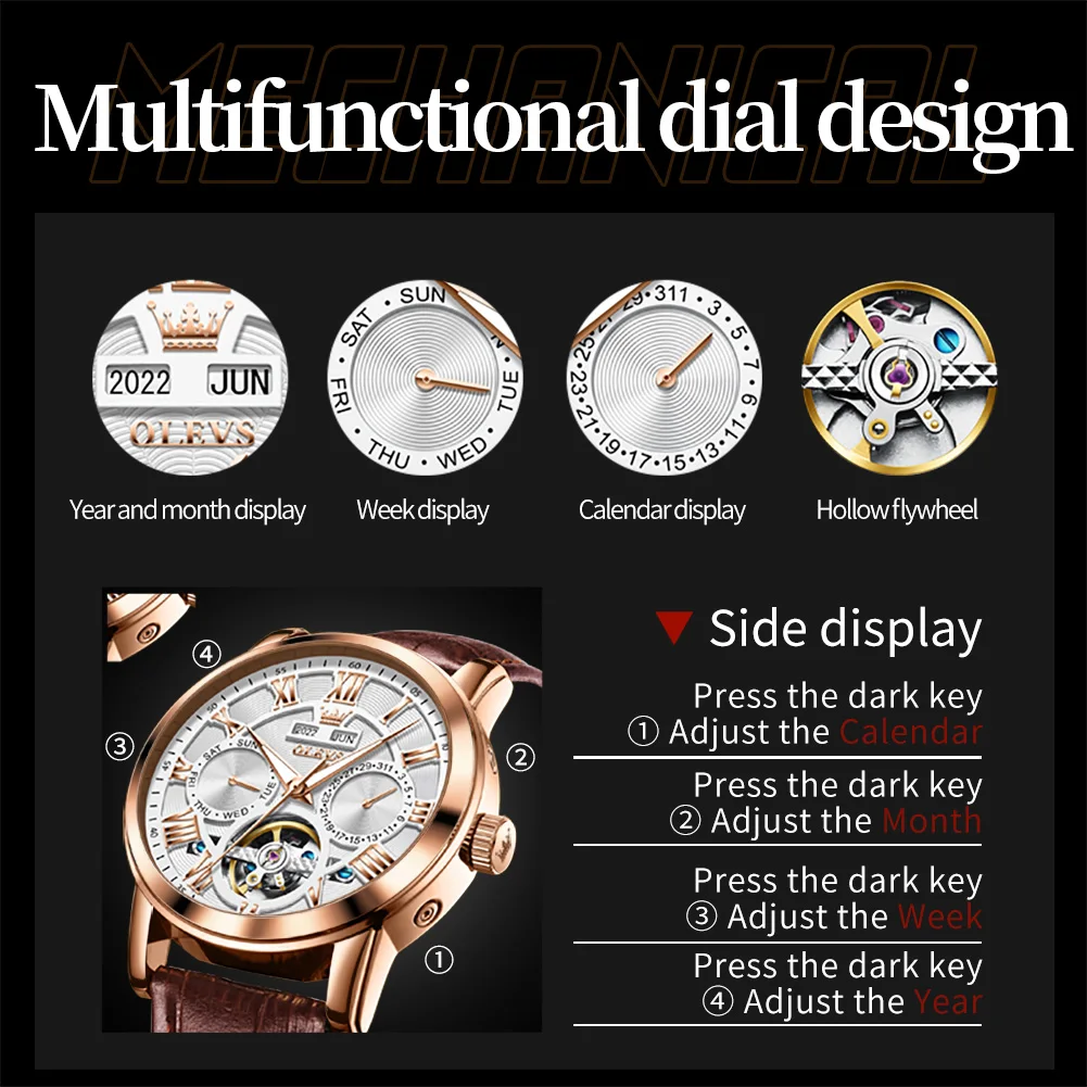 OLEVS Luxury Original Watch for Men Automatic Mechancial Wrist Watch Leather Strap Skeleton Waterproof Multifuncation Man Watch