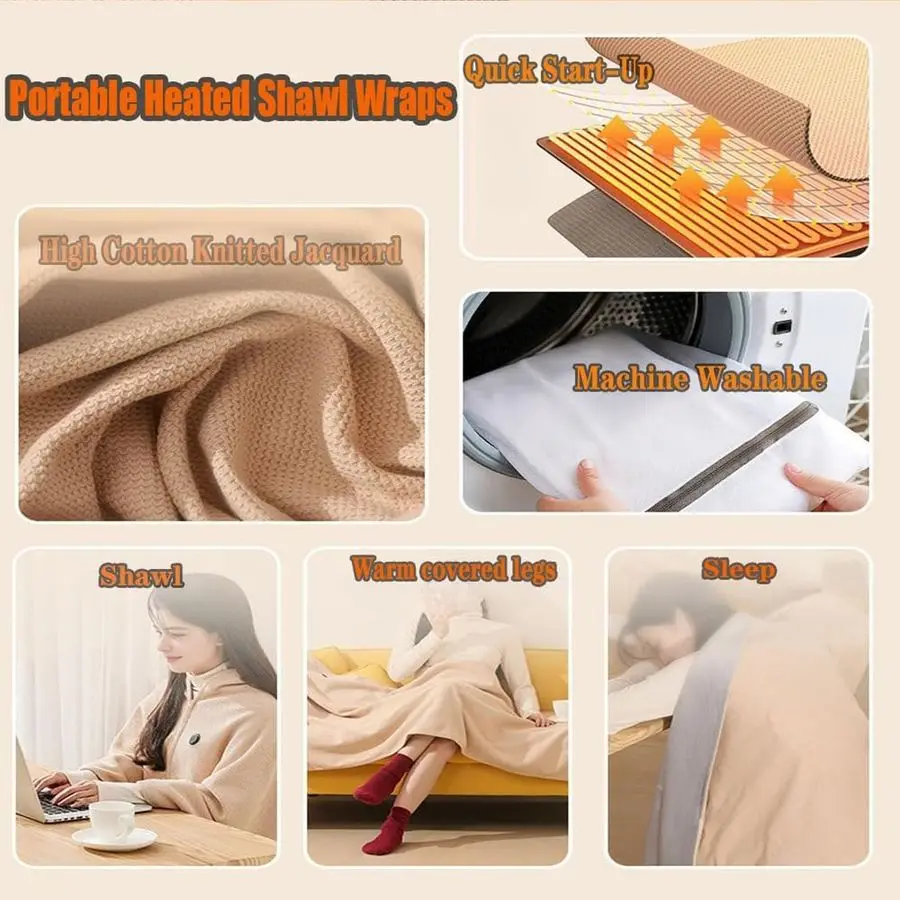 

Shawl Wraps for Women, Portable USB Heated Blanket Shawl, Corded Wearable Blanket Soft Zipper Shawl Wraps Fast Heating Blanket w