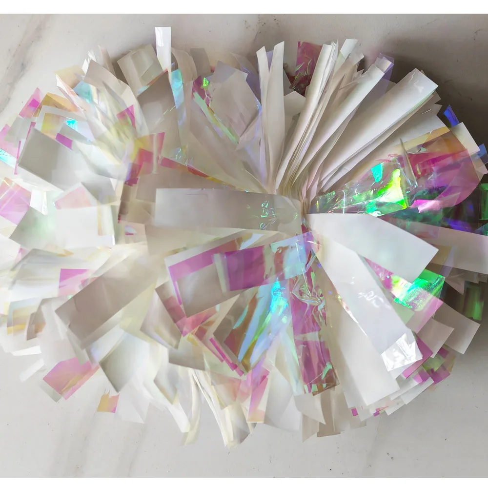 Cheerleader-Pom-Pom, Metallic-Weiß- und Regenbogenmischung, individuelle Größe und Farbe, Baton-Griff, 1-teilig