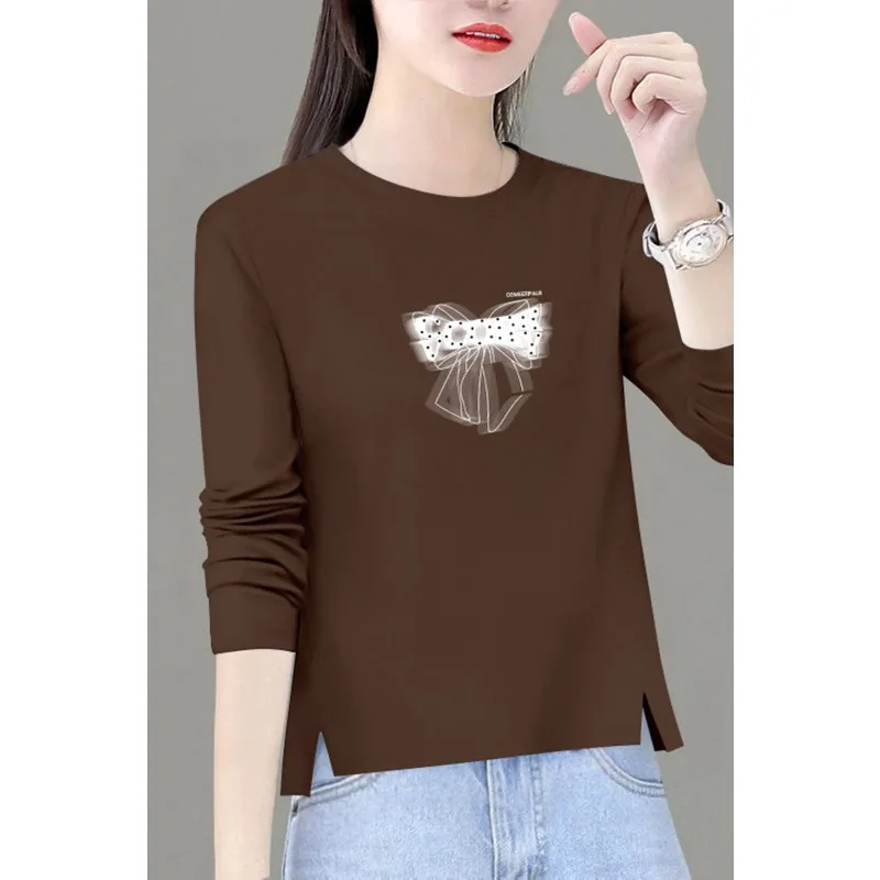 Casual Women Bow Print Long Sleeve Top Autumn Loose Split Hem Crew Neck Slim Fashion Blouse
