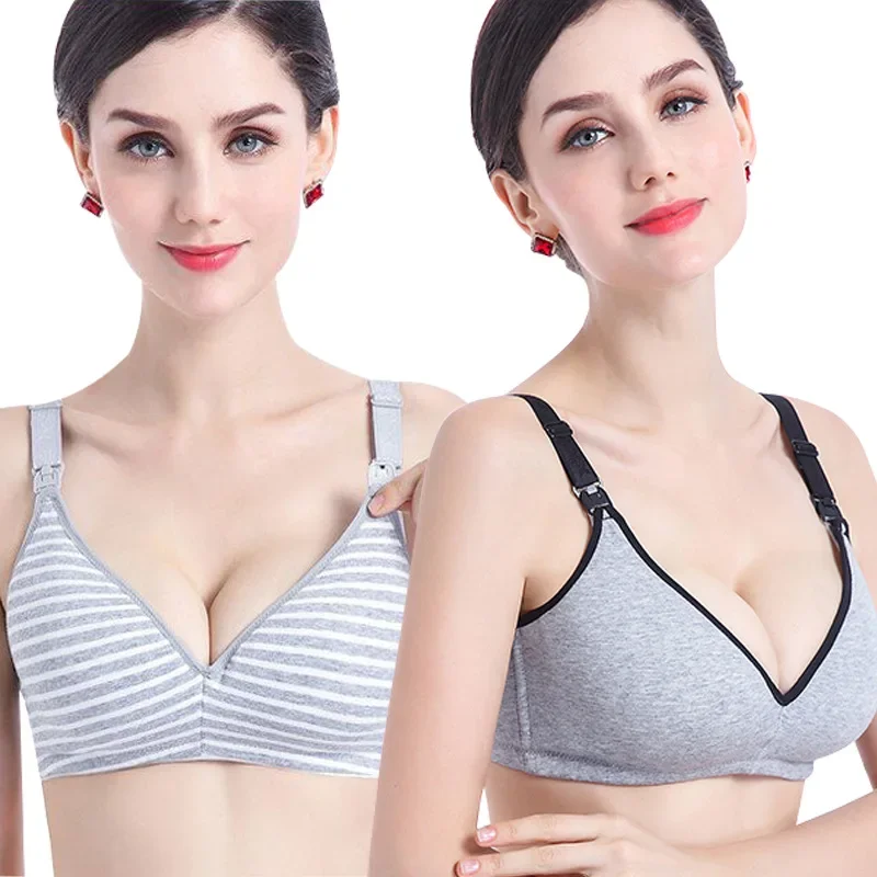 Women Nursing Breastfeeding Bra Maternity No Steel Ring Soft Breathable Cotton One Piece Feeding Bra Stripe Design