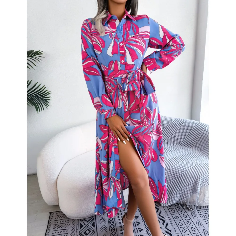 Floral Print Shirt Dress Women Autumn Long Sleeve Bandage Long Dresses Ladies Casual Single Breasted Boho Beach Holiday Dresses