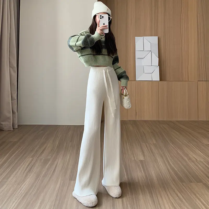 

Winter Warm Knitted Wide Leg Pants Womens Casual High Waist Ankle-length Pants Korean Fashion Loose Sweater New Trousers X102