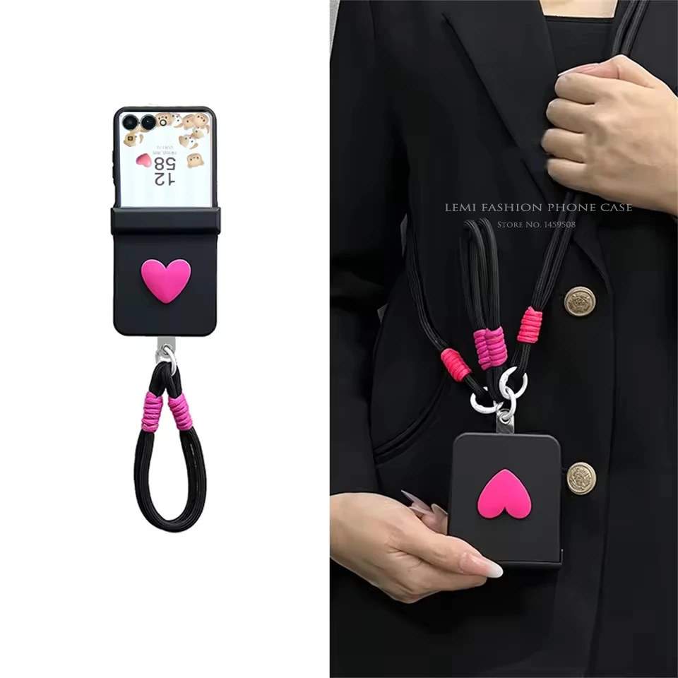 Crossbody Lanyard Love Hinge Case For Samsung Galaxy Z Flip 7 6 5 4 3 For Motorola Razr 40 50 60 Ultra Xiaomi Mix Flip 2 Cover