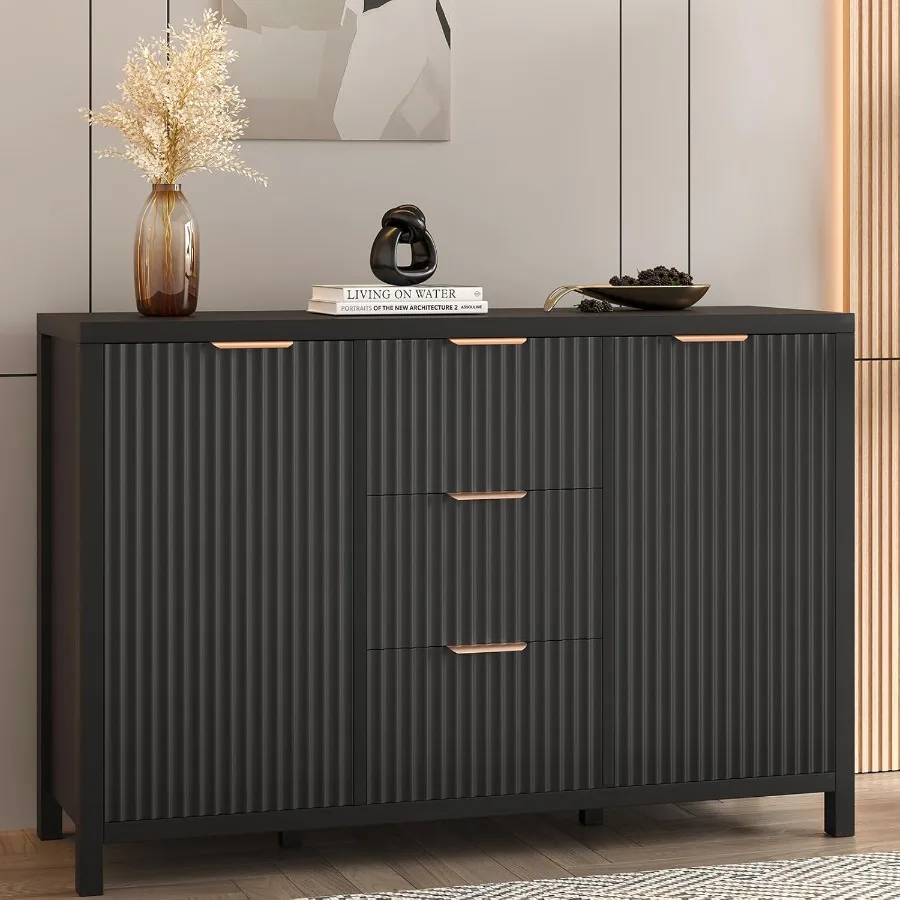 Fluted Storage Cabinet Sideboard Buffet with Storage 2 Door 3 Drawer Adjustable Shelf Accent Cabinet Console Tables Credenzas f