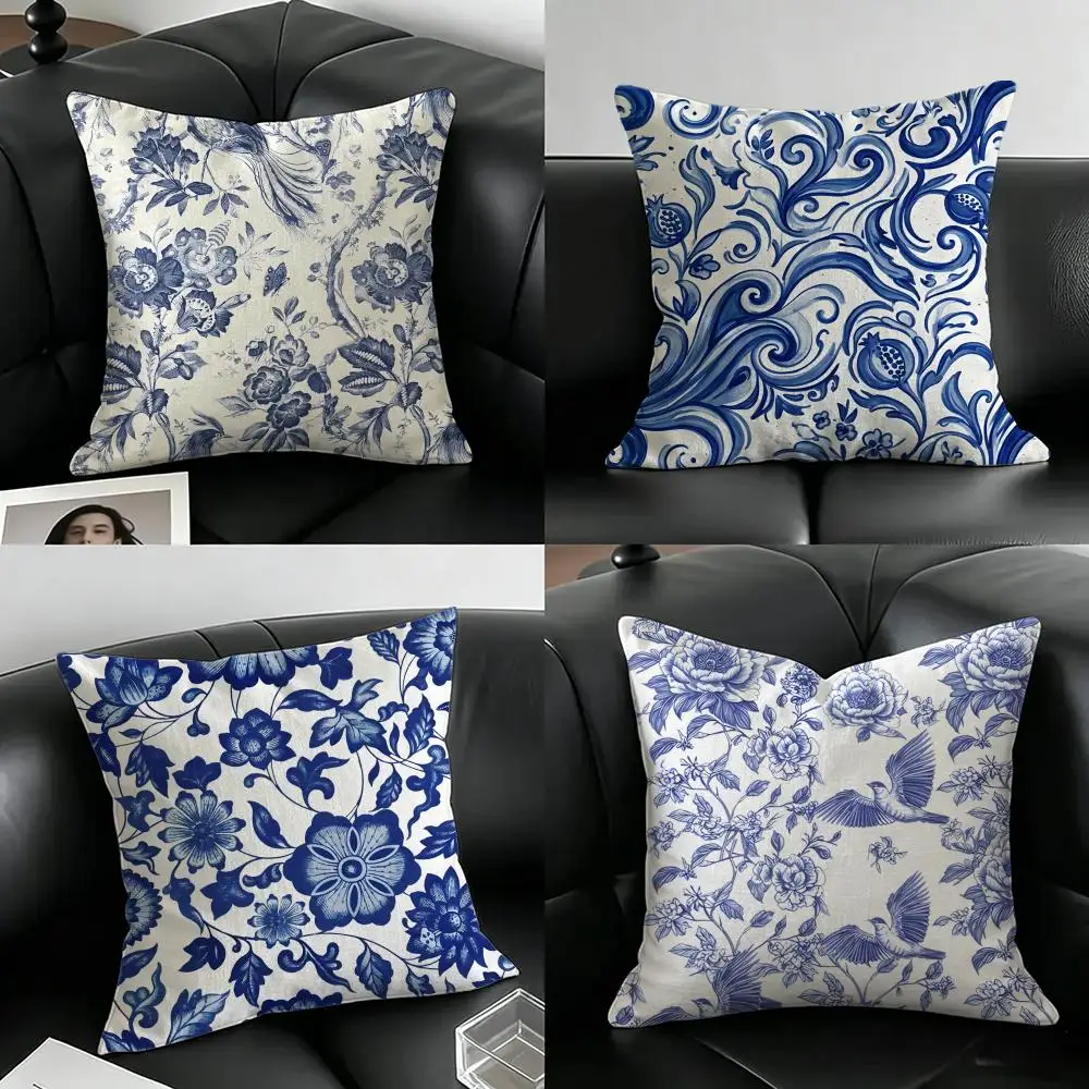 Artwork Blue and White Porcelain Series Cushion Cover Natural Linen Pillowcase Set, All-in-One Decor for Sofa, Bedroom & Chair