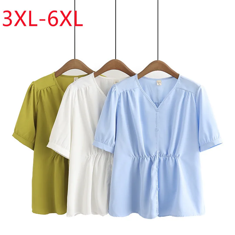 

New 2023 Ladies Spring Summer Plus Size Tops For Women Large Size Short Sleeve V-neck Blue T-shirt 3XL 4XL 5XL 6XL