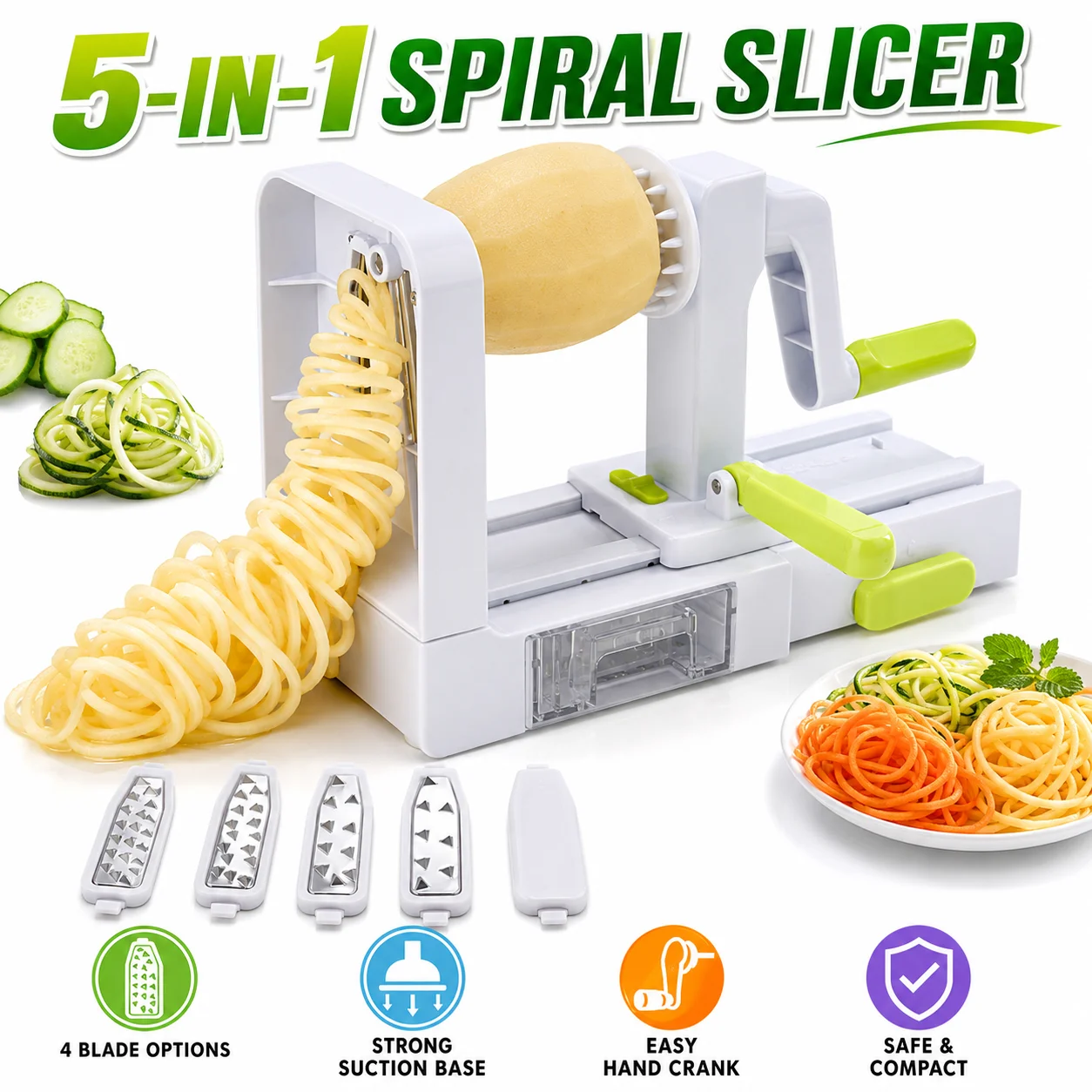 5 in 1 Hand Crank Vegetable Spiralizer Slicer Zucchini Noodle Maker Rotary Carrot Potato Shredder With 5 Blades Kitchen Tools