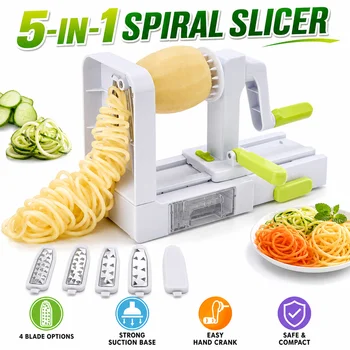 5 in 1 Hand Crank Vegetable Spiralizer Slicer Zucchini Noodle Maker Rotary Carrot Potato…