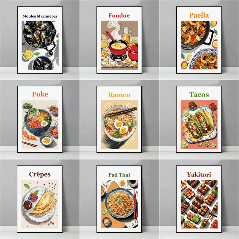 1 pieza de póster sin marco de la colección de postres y comida deliciosa, Yakitori, Affiche, Fondue, Ramen, cuadro en lienzo, imágenes de pared para cocina y restaurante