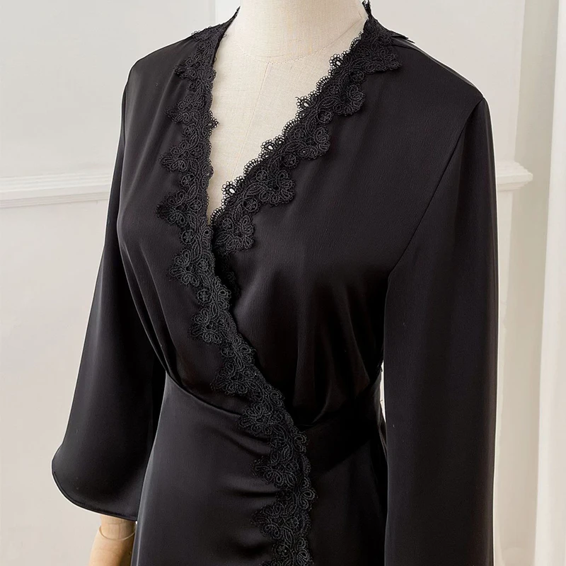 Chemise de nuit dos nu à manches longues et col en V, robe de nuit en dentelle, robe de nuit dos nu, robe de nuit sexy, zone edress, kimono adt, document monochrome