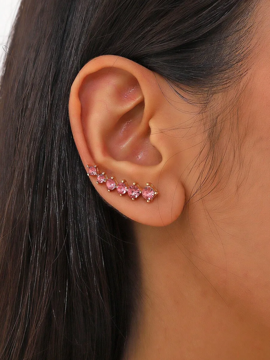 Pink Rhinestone Ear Cuff Stud Earrings For Women