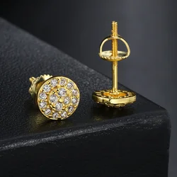 Male HipHop Full White Zircon Round Stud Earrings For Men Women Antique Gold Silver Color Small Screw Back Earring Party Jewelry