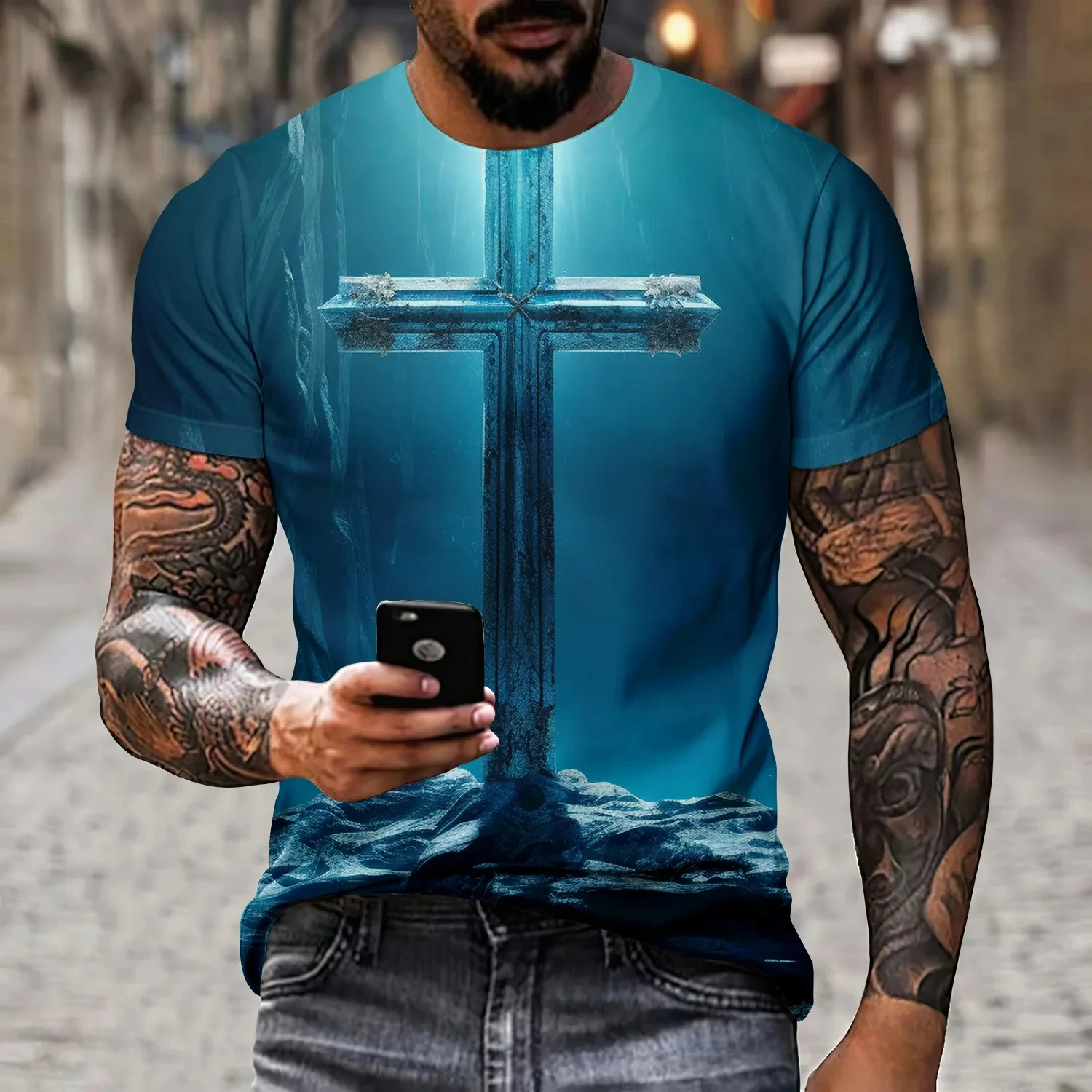 Men\'s 3D Cross Print T-Shirt, Oversized Comfortable Innovative Short Sleeve Streetwear Jesus Christian Fiction