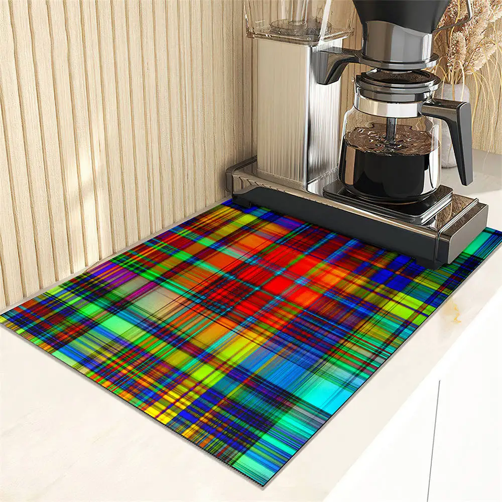 Vintage Colorful Plaid Lines Dish Drying Mat Super Absorbent Kitchen Counter Drain Pad Tableware Cup Bottle Sink Waterproof Mat