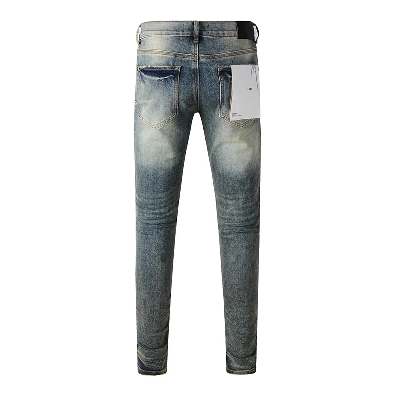 American High Street Style Men's Distressed Light Indigo Streetwear Button Fly Ripped High Stretch Skinny Scratched Jeans Pants