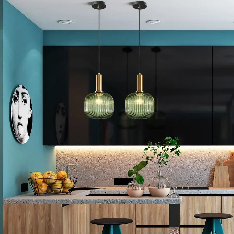 Minimalist Striped Glass LED Pendant Light Vintage Lantern Chandelier Dining Room Kitchen Bedside Light Home Decor Hanging Lamp