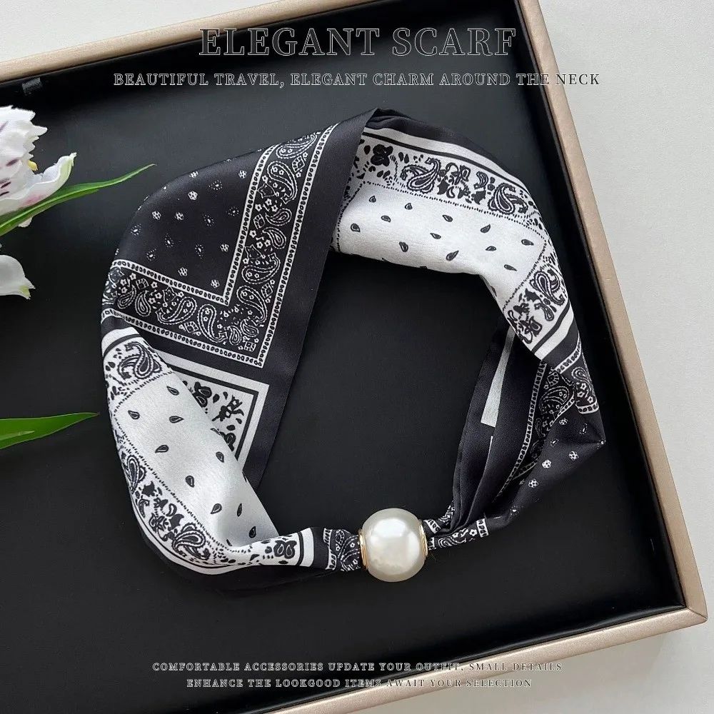 Fashion Magnetic Clasp Pearl Silk Scarf Thin Soft Neck Scarf Lightweight Cashew Flower Neck Wrap for Women