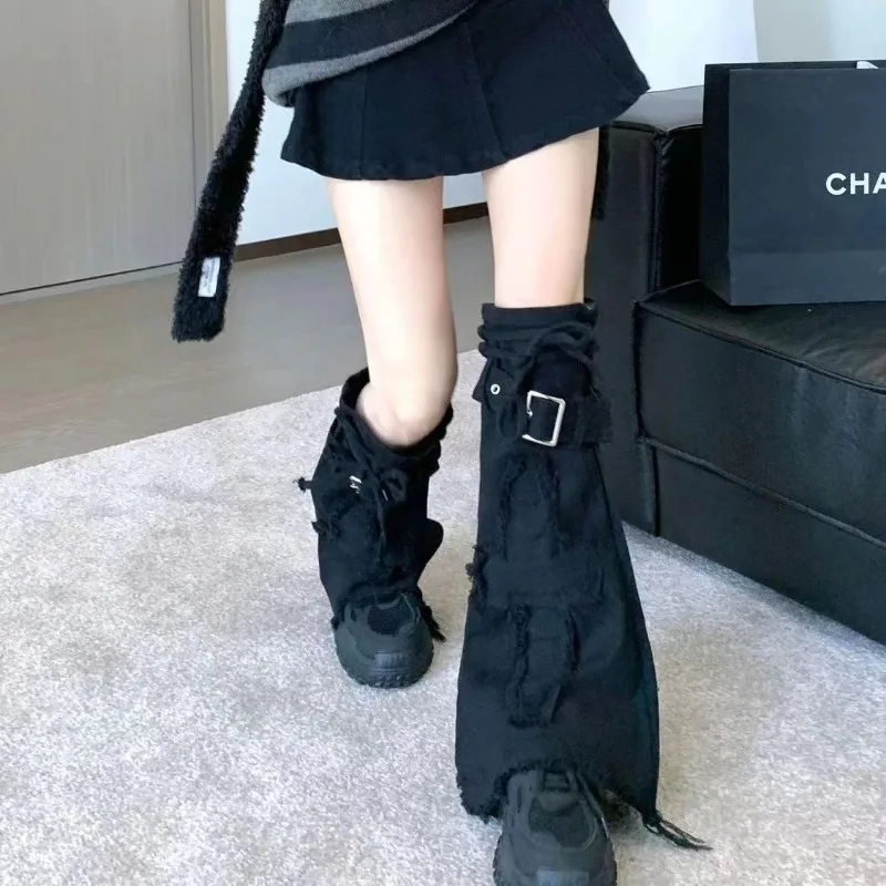 Y2K Leg Warmers for Women and Girls Punk  Ropa Dark Goth Mujer Long Leg Cover Embroidered Denim Slouch Socks