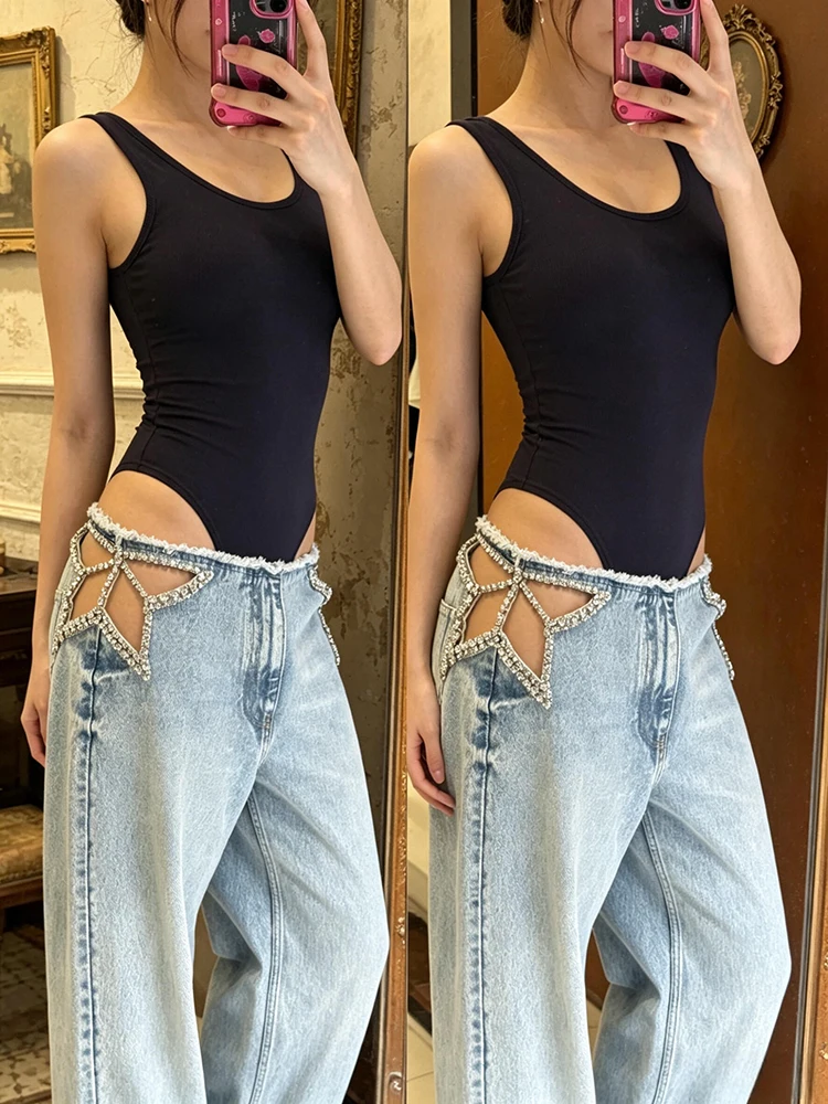ReddaChic Star Hollow Low Waist Jeans Tall Girl ICON Glitter Diamond Loose Fit Wide Denim Leg Pants Nouveauté Tendance Streetwear Femme