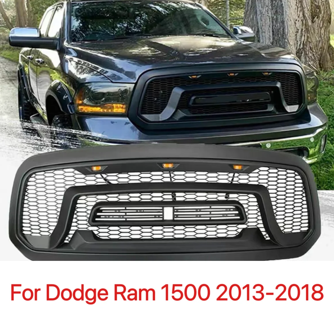 

Raptor Style Front Mesh Grill For Dodge Ram 1500 2013-2018 Racing Grille ABS Black Bumper Mask Replacement Grid