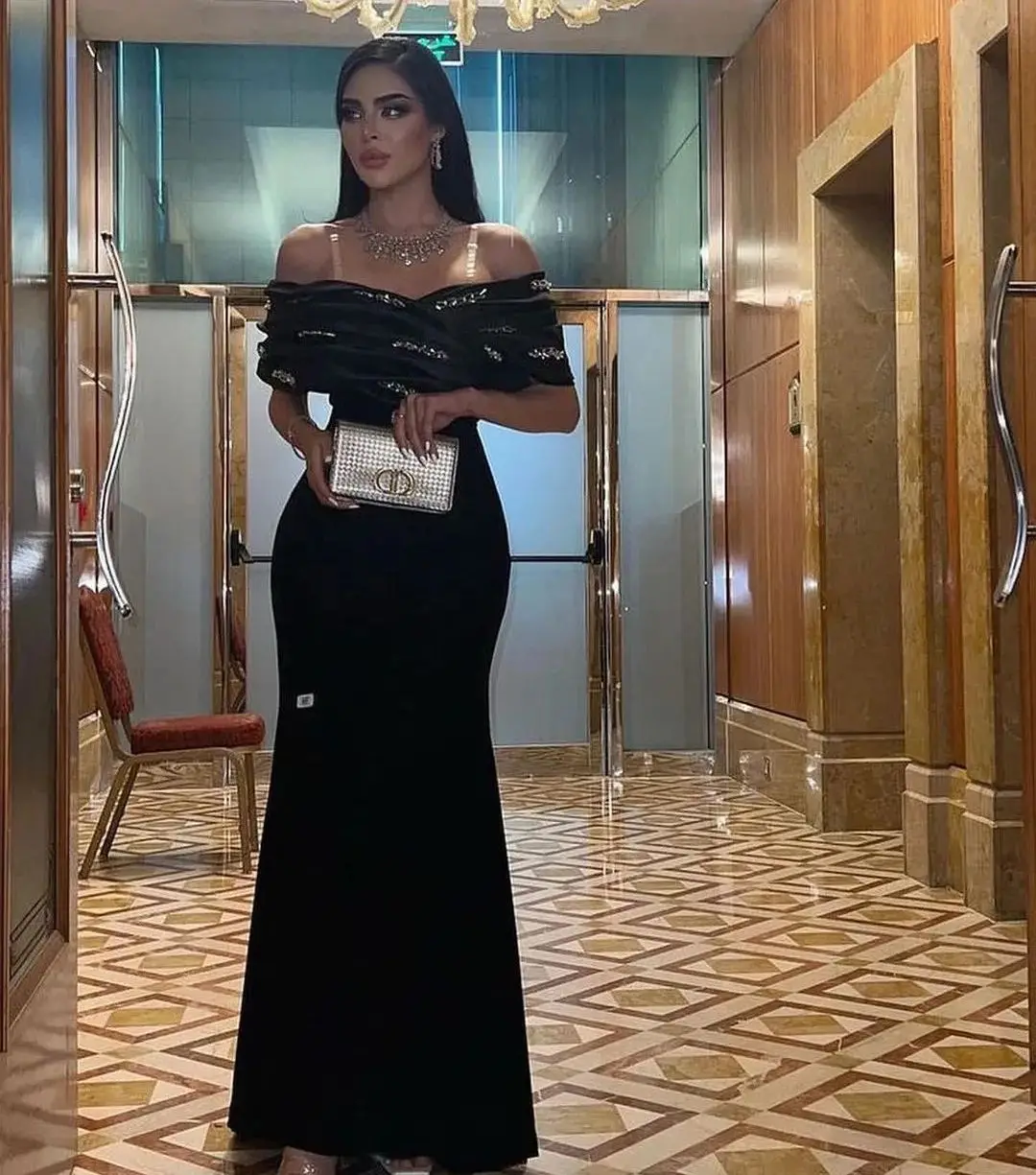 

Black Mermaid Evening Gowns Crystal Bones Off the Shoulder Prom Dress Gala Sweetheart 2024 Formal Dubai Party Dress Customize