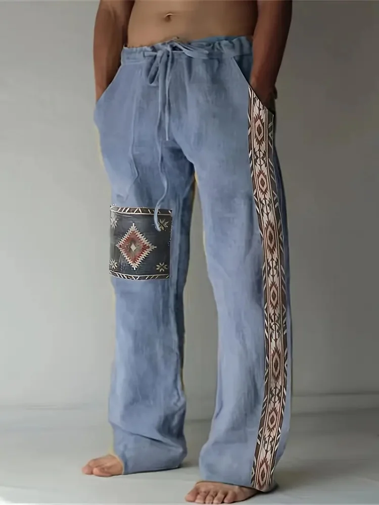 الرجعية البوصلة المطبوعة سراويل تقليدية للرجال Harajuku الشارع العصرية الرجال مستقيم الساق السراويل عادية عالية الخصر الرباط السراويل