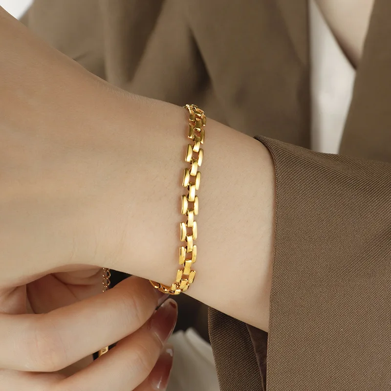 Chunky Stainless Steel Link Chain Bracelet For Woman Gold Plated Metallic Watch Chain Bracelets Wristband Waterproof Jewelry