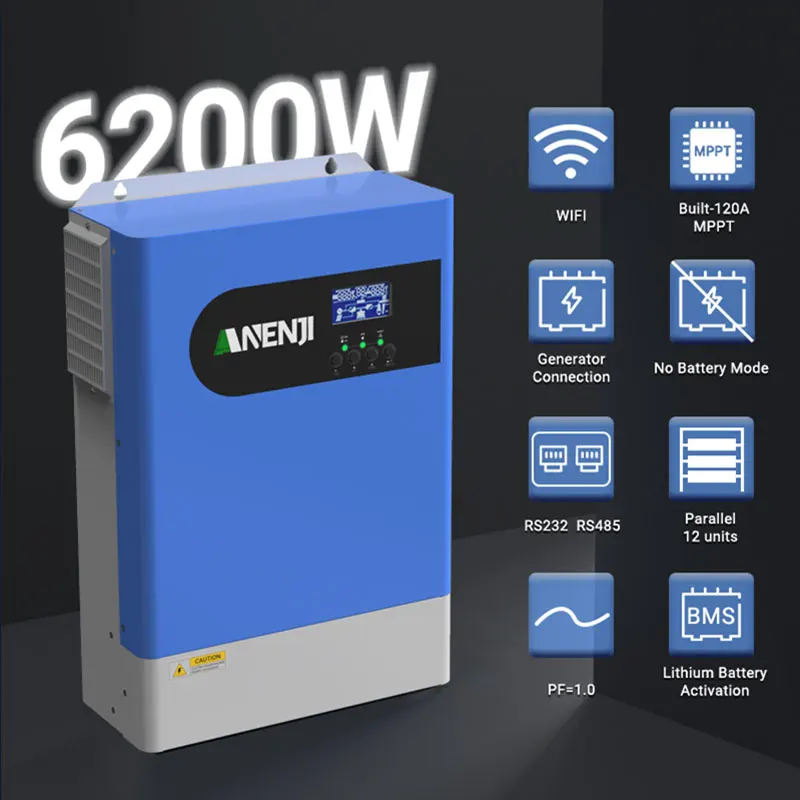 6.2KW 48V Off-Grid Solar Inverter 12 Units Parallel Pure Sine Wave Built-in MPPT 120A & WiFi 500V PV Input for PV System