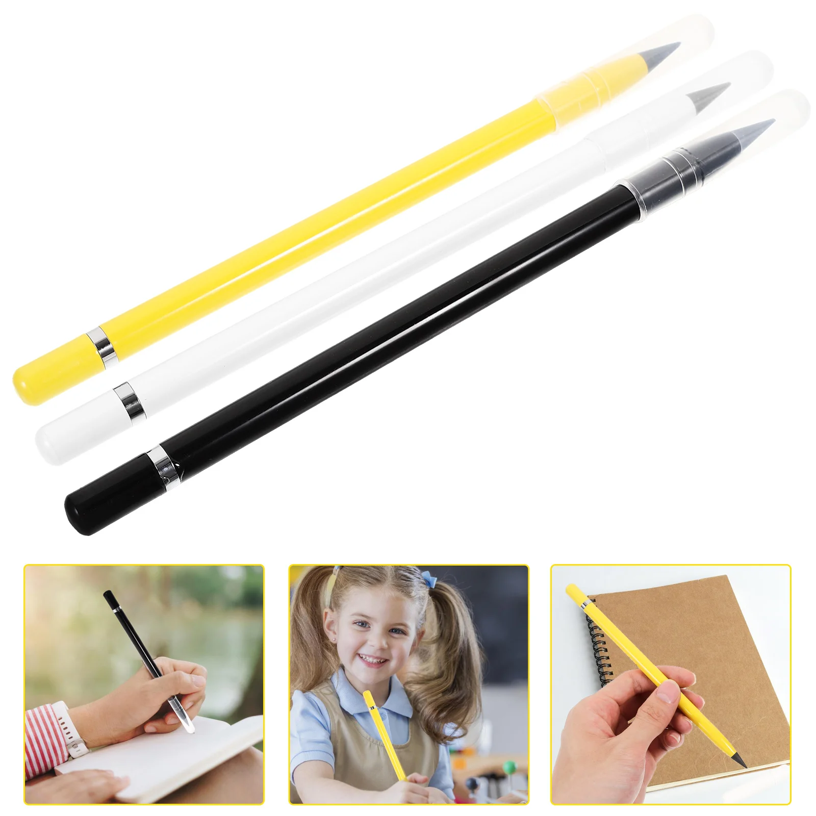 3pcs Inkless Pencils Set Metal Tips No Sharpening Yellow White Black Sketch Drawing Writing Everlasting Pencil Kids Students
