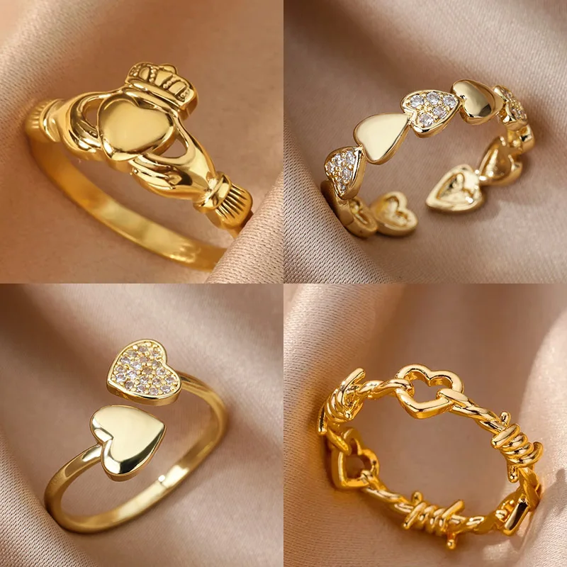 Anéis Claddagh Clássicos Elegantes para Mulheres, Banhados a Ouro 18K, Aço Inoxidável, Anel com Nó Celta, Joia para Casamento, Festa, Presente