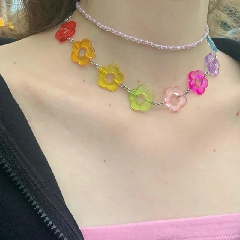 Egirl Jewelry Rainbow Resin Flower Choker Harajuku 2000s Fashion Necklace For Women Y2K Accessories Kawaii Party