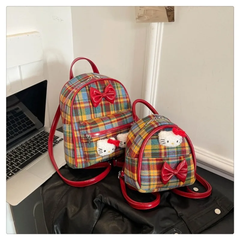 

Hello Kitty Retro Mini Red Checkered Backpack Sanrio Anime Cartoon Handbag Travel Storage Bag Student Backpack Gift
