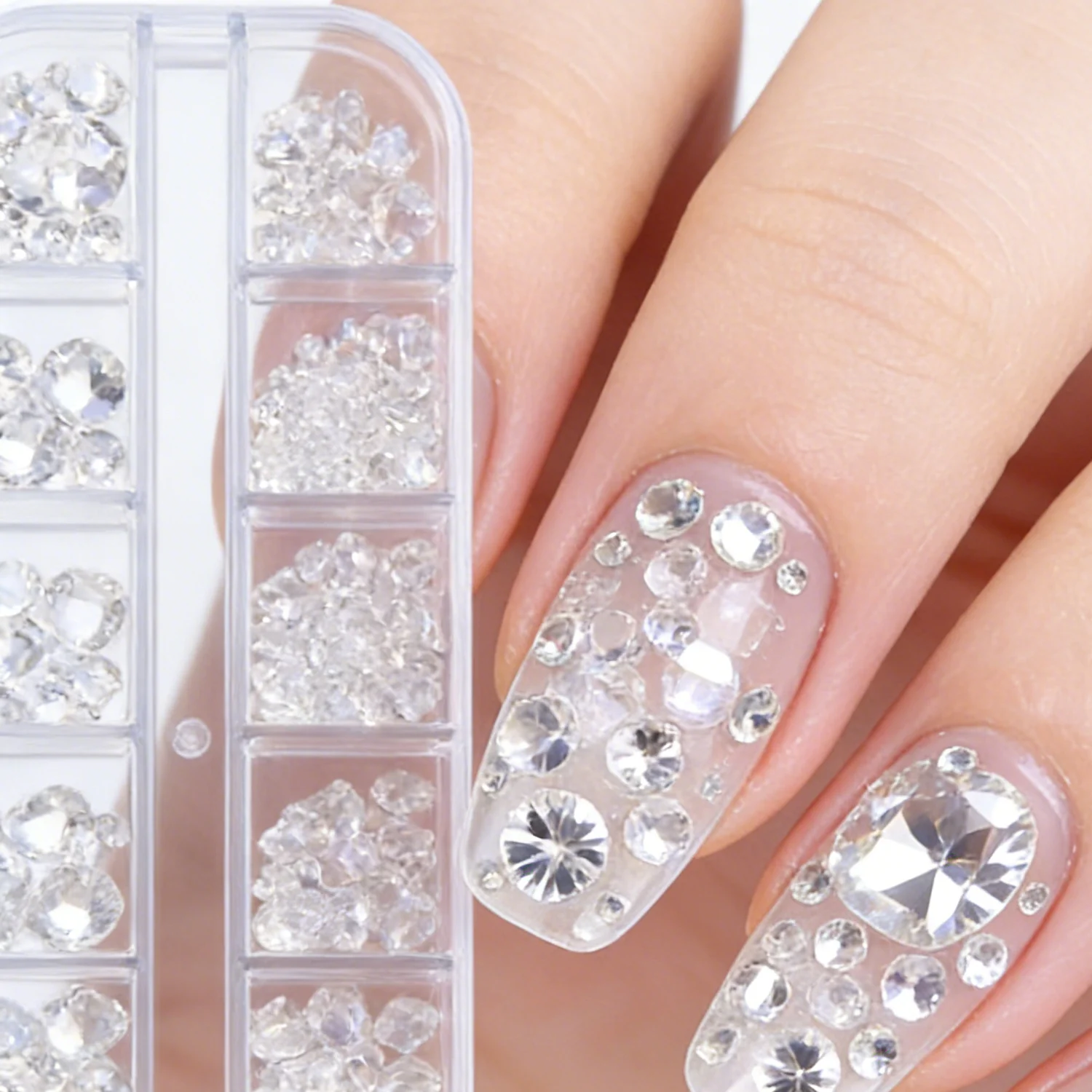 12 شبكة/1 صندوق 2-6 مللي متر عارية الأبيض الراتنج الماس مجموعة صناديق ، مسمار شفاف كريستال حجر الراين عدة ، مسمار الفن سحر لتقوم بها بنفسك مسمار الملحقات #4