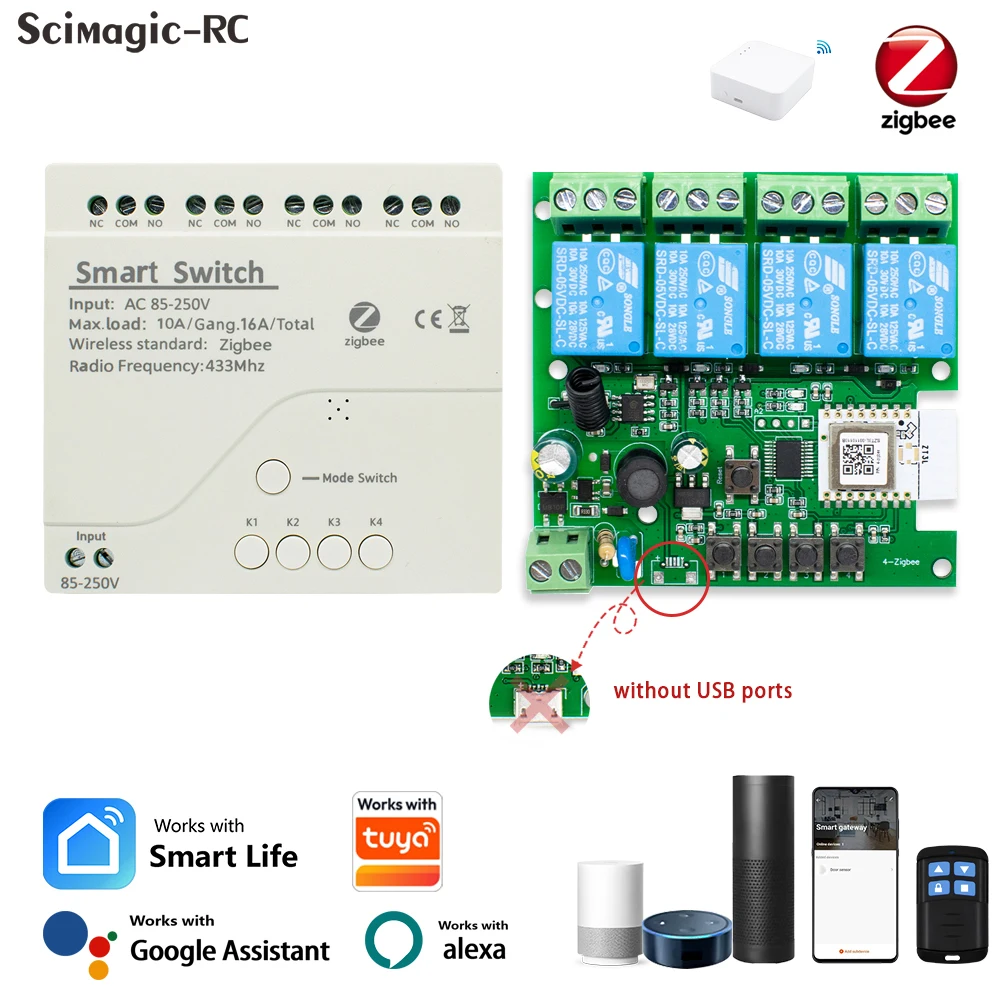 Zigbee Tuya 4CH Smart Home Switch AC DC 7-32V 85-250V Relay Module RF433 Relay Smart Home APP Remote Control Alexa Google Home