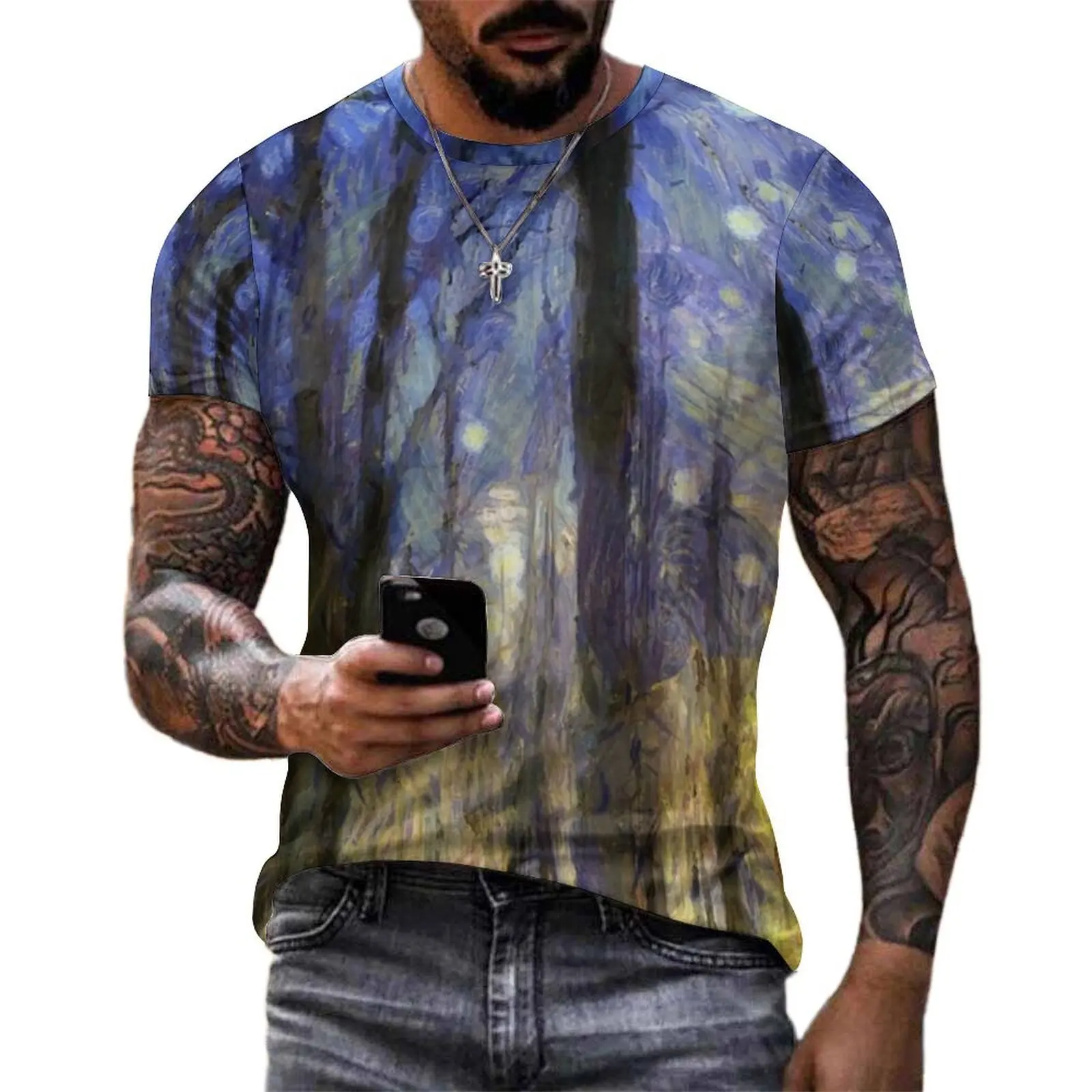 Man Sunset Forest Print T-Shirt Van Gogh Vintage T Shirts Short-Sleeved Design Tshirt Hot Summer Casual Oversized Tees