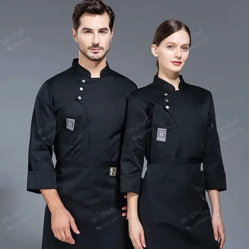 Imagen 1 del producto Chaqueta de uniforme de chef negro, camiseta de chef de manga larga, uniforme de restaurante, panadería, servicio de comida, transpirable, nueva ropa de cocina con logo