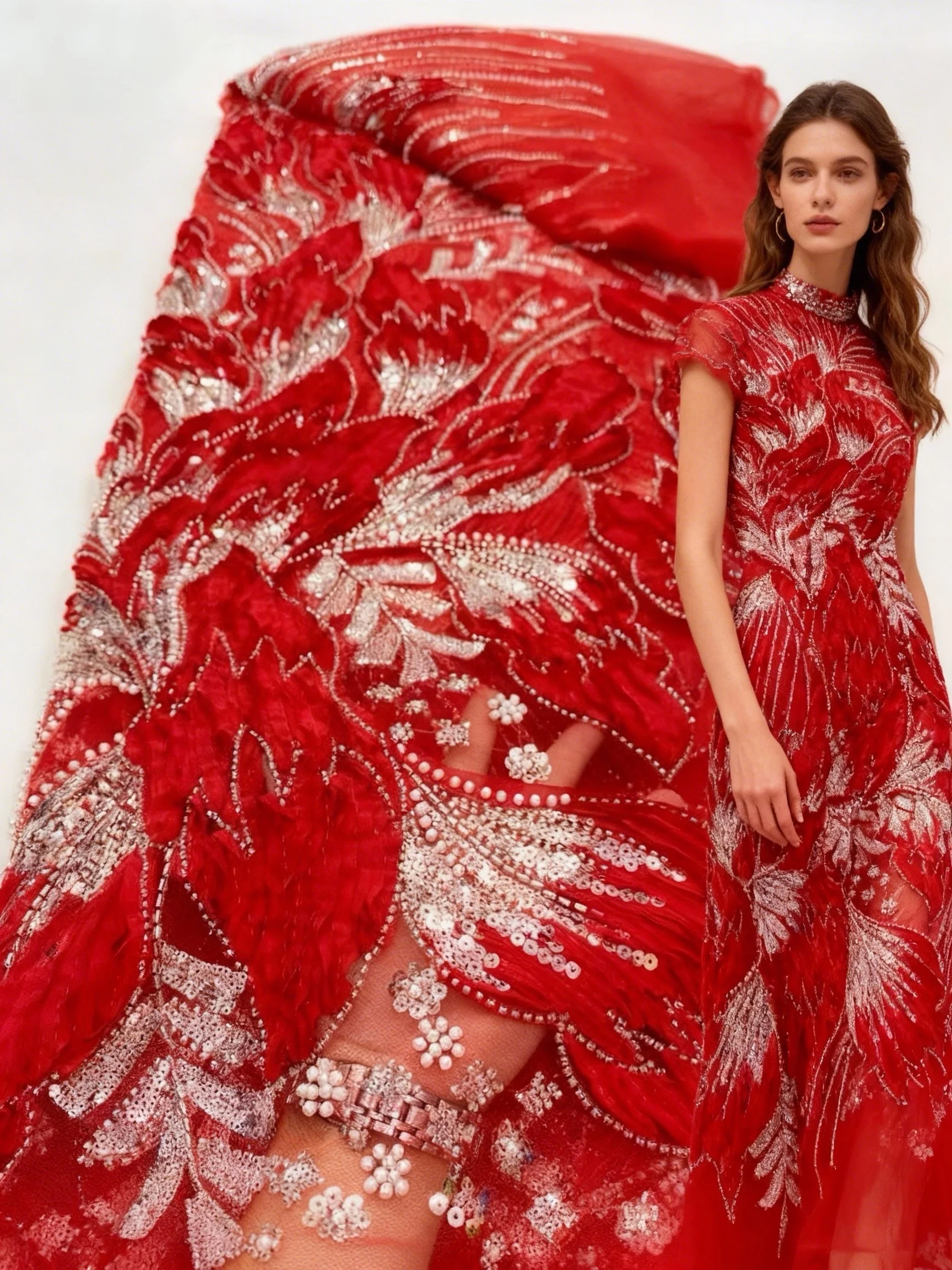 

Red African 3D Embroidery Beads Lace Fabric 2026 High Quality French Sequins Embroidery Tulle Fabric for Party Dresses Sewing