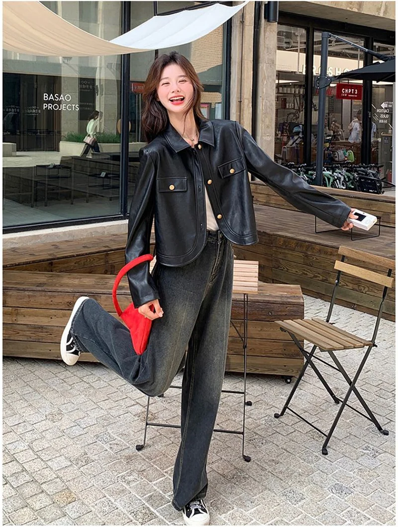 Women's Jackets Leather Jacket Black High-grade Leather Jacket Women's Spring and Autumn Short Retro High Waist pu Leather Coat