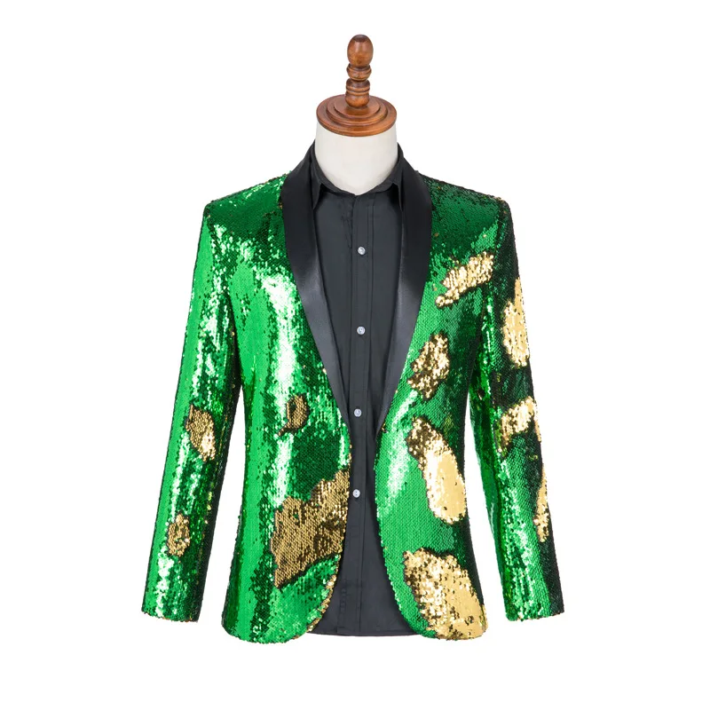 

HOO 2024 Men's Turn-over Two-Color Sequined Suit Jacket Singer Host Stage Performance Personality Slim Fit blazer