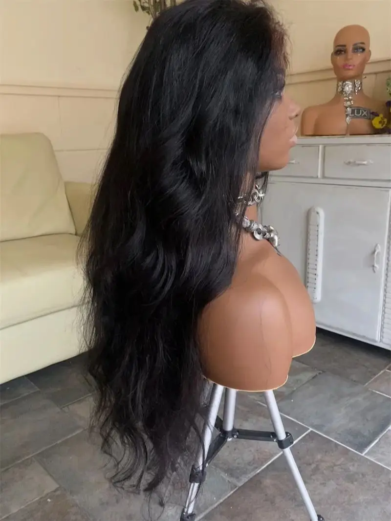 28 Inches Natural Black Synthetic Lace Front Wig Long Body Wave Jet Black Lace Front Synthetic Wig Pre Plucked Natural Hairline