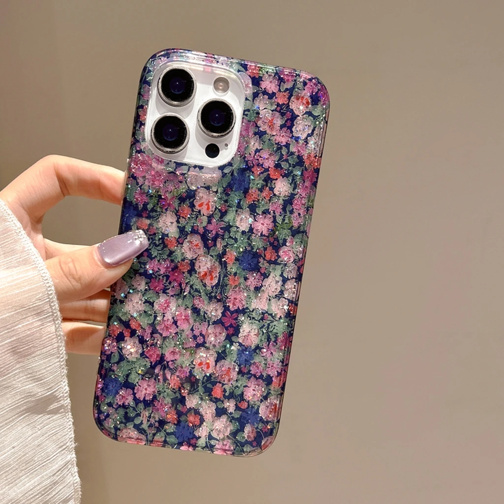 Retro Oil Painting Glitter Colorful Little Flowers Shockproof Protective Phone Cover Case for iPhone 17 16 15 14 13 Pro Max Air